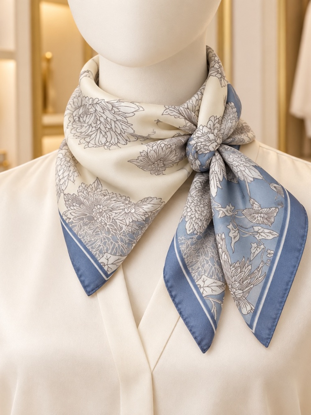 Silky Blue Ivory Floral Square Scarf Neck Scarf Handbag Purse Scarf Accessory